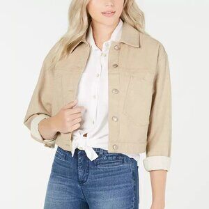 Oat Tan Cotton Denim Junior's Cropped Button-Front Jacket Size XL